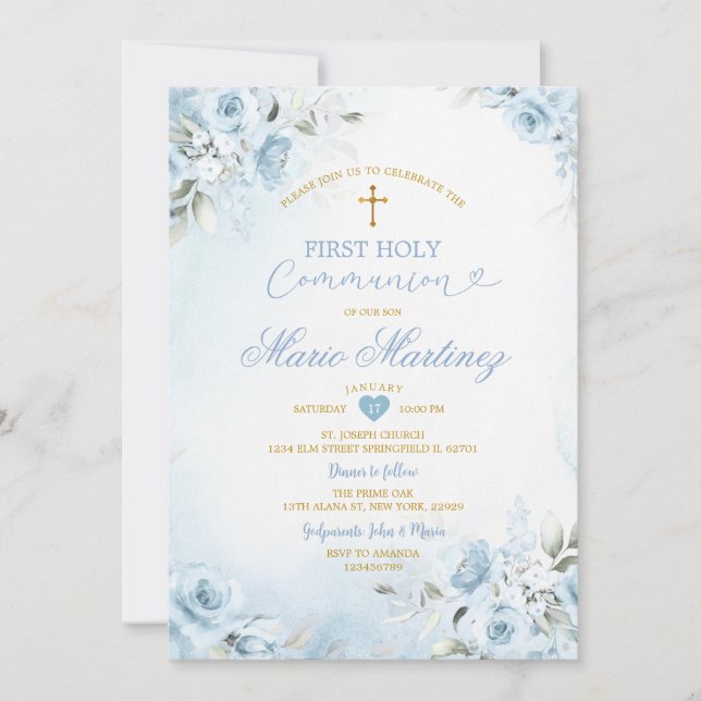 Light Blue Floral Cute Boy First Holy Communion Invitation (Front)
