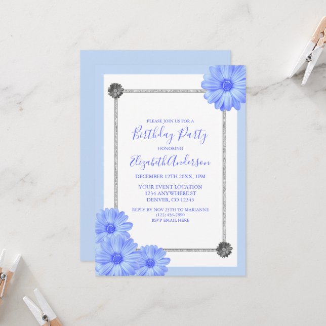 Light Blue Floral Elegant Birthday Invitation (Front/Back In Situ)