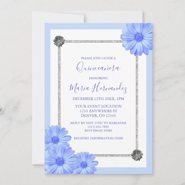 Light Blue Floral Elegant Quinceanera Invitation (Front)