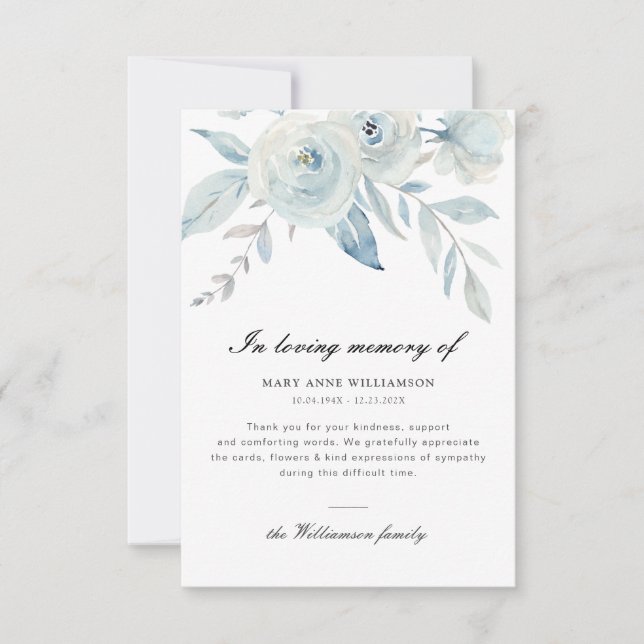 light blue floral funeral thank you note card (Front)