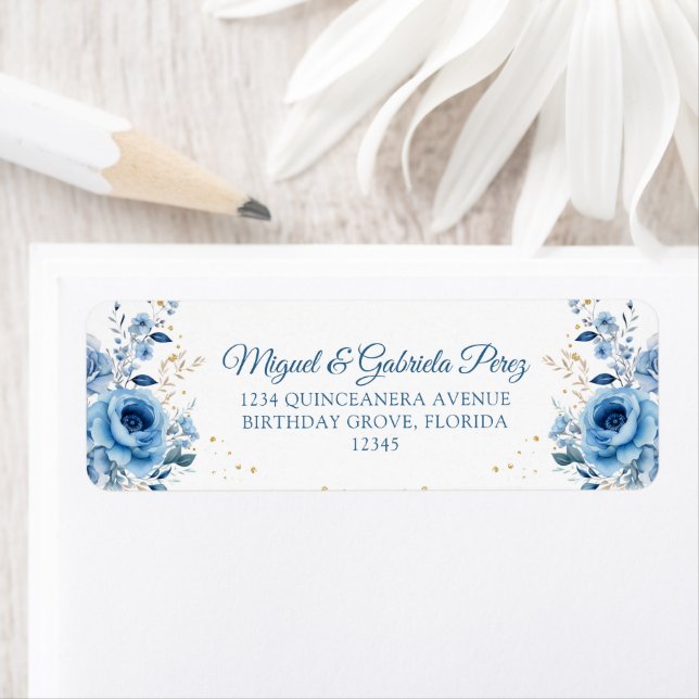 Light Blue Floral Gold Glitter Return Address Label (Insitu)
