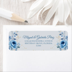 Light Blue Floral Gold Glitter Return Address Label