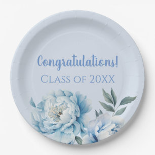 Light Blue Floral Graduation Paper Plate