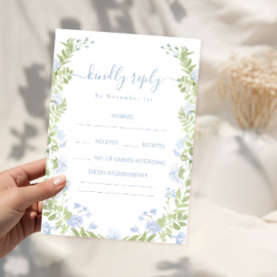 Light Blue Floral Greenery Wedding RSVP Cards