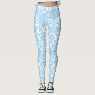 Light Blue Floral Ornate Damask Pattern Leggings