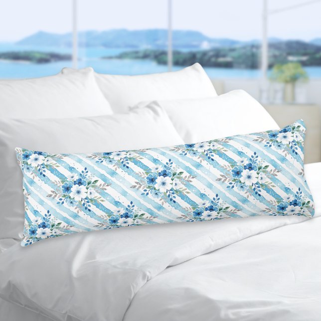 Light Blue Floral Pattern Coastal Minimal Body Cushion (An elegant blue and white striped body pillow with floral bouquet and leaves repeating pattern)