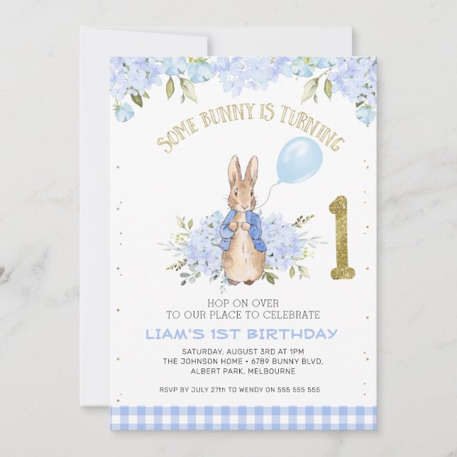 Light Blue Floral Peter Rabbit 1st Birthday Invitation (Front)