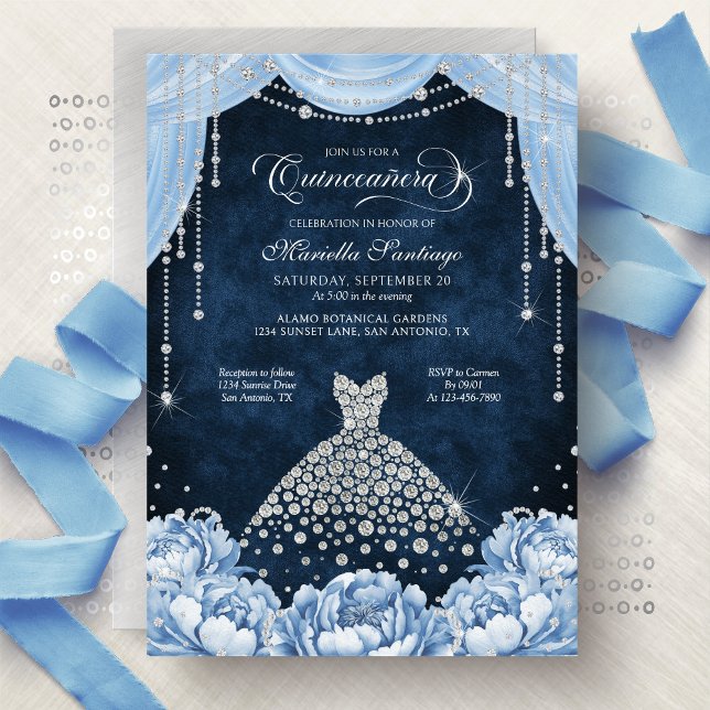 Light Blue Floral Princess Quinceanera Invitation (Creator Uploaded)