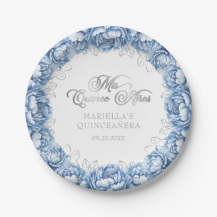 Light Blue Floral Quinceanera Paper Plate