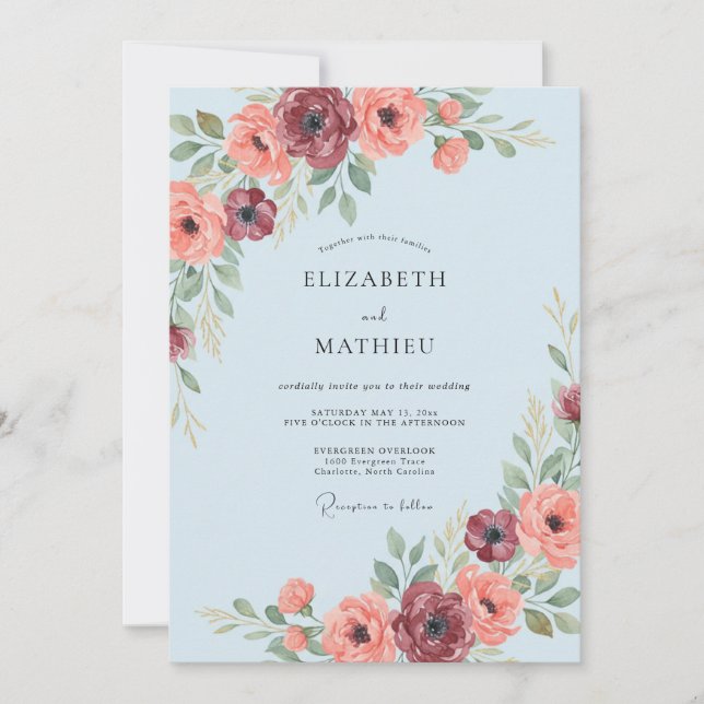 Light Blue Floral Romance Wedding Invitation (Front)