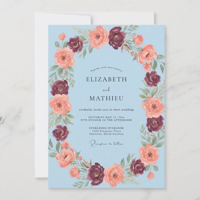 Light Blue Floral Romantic Wedding Invitation (Front)