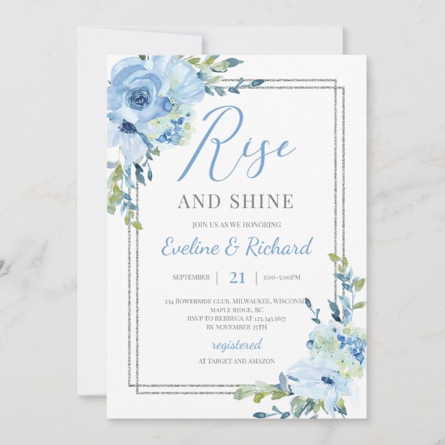 Light blue floral silver frame rise and shine invitation (Front)