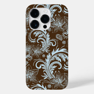 Light Blue Floral Swirls On Brown Case-Mate iPhone 14 Pro Case