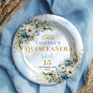 Light Blue Floral Watercolor Gold Glitter Party Paper Plate