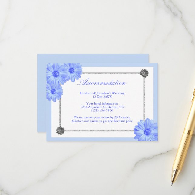 Light Blue Floral Wedding Accommodation Card (Front/Back In Situ)