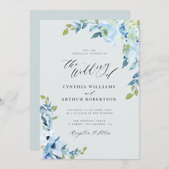 light blue floral wedding invitation (Front/Back)