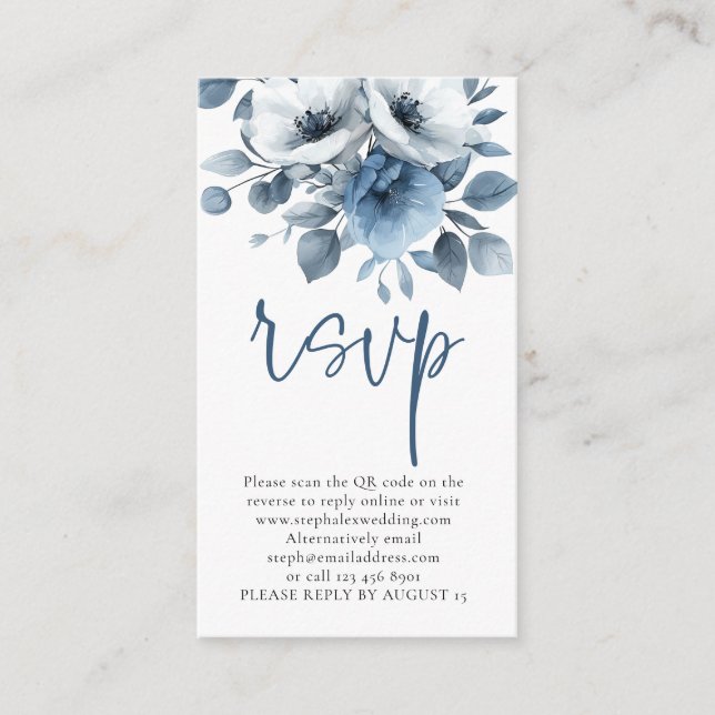 Light Blue Florals Script QR Code Wedding RSVP  Enclosure Card (Front)
