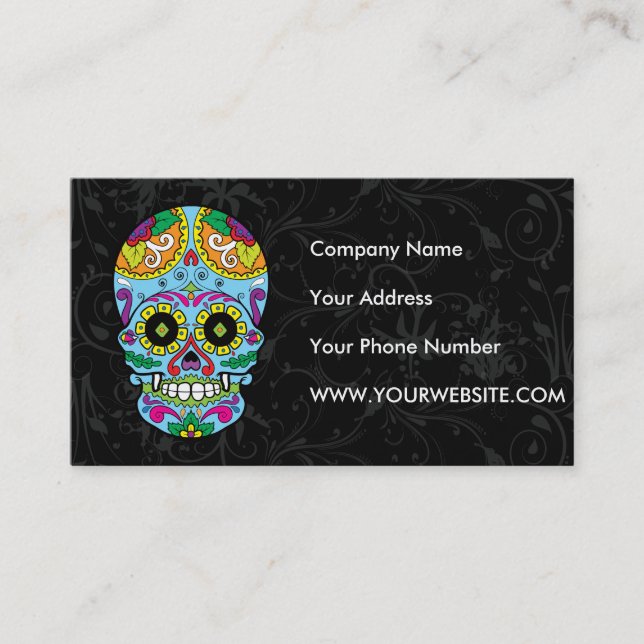 Light Blue Flowers Mexican Tattoo Sugar Skull Business Card (Front)
