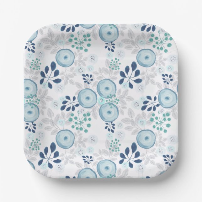 Light blue flowers paper plate (Front)