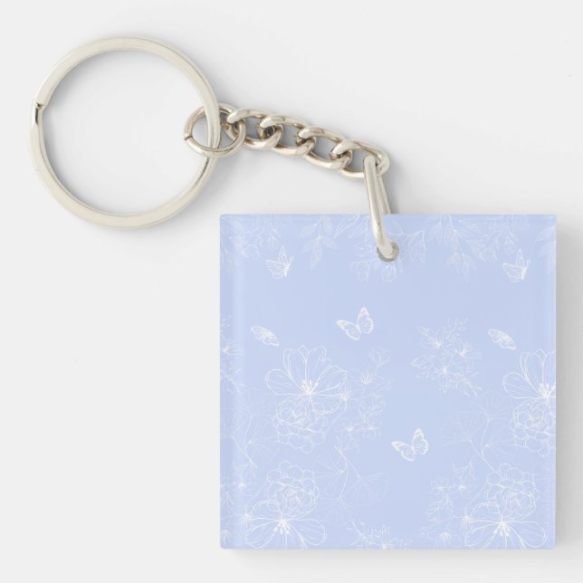 Light Blue Flowers Pattern, Floral, Minimalist Key Ring (Front)