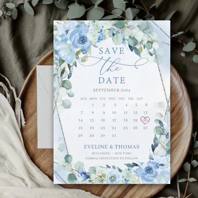 Light Blue Flowers silver frame calendar month  Save The Date (Elegant watercolor save the date card with blue flowers and eucalyptus greenery)