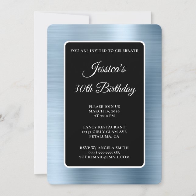 Light Blue Foil Black and White 30th Birthday Invitation (Front)