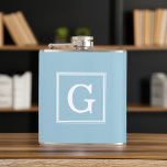 Light Blue Framed Monogram Hip Flask<br><div class="desc">Modern and trendy monogram initial.</div>