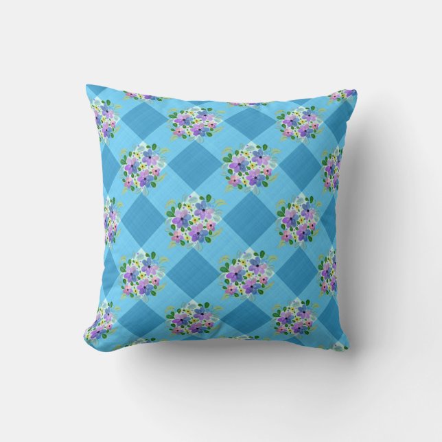 Light Blue Gingham and Purple Floral Country Cushion (Front)