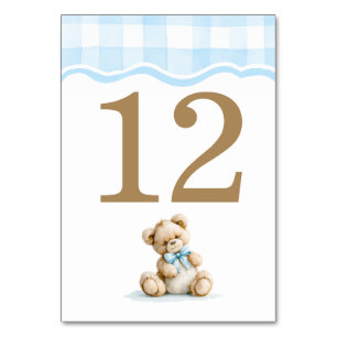 Light Blue Gingham And Teddy Bear Baby Shower Table Number