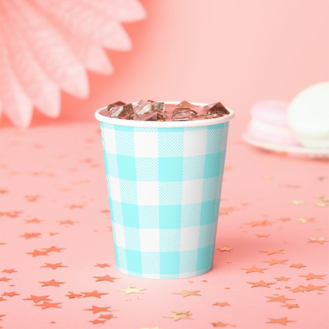 light blue gingham check pattern paper cup (Insitu)