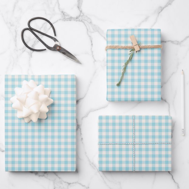 Light Blue Gingham Check Plaid Baby Shower Wrapping Paper Sheet (Front)