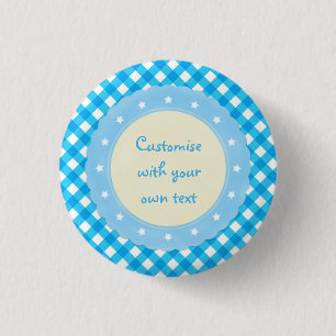 Light Blue Gingham Fancy Custom Text 3 Cm Round Badge