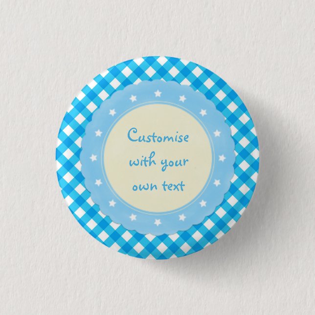 Light Blue Gingham Fancy Custom Text 3 Cm Round Badge (Front)