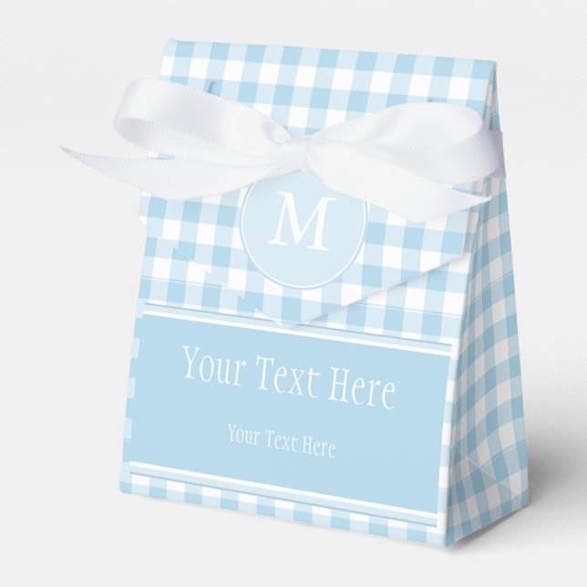 Light Blue Gingham & Monogram Favour Bag Favour Box (Front Side)