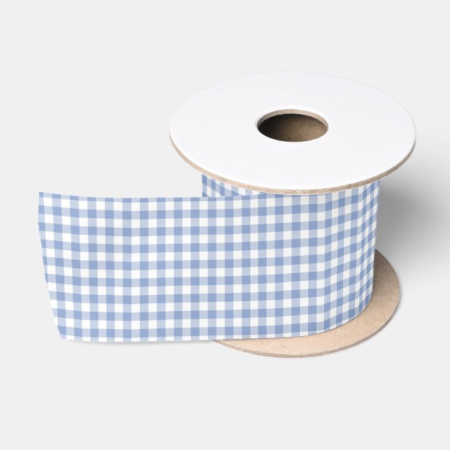 Light Blue Gingham Pattern Classic Chequered Print Satin Ribbon (Spool)