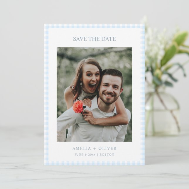 Light Blue Gingham Plaid Cute Summer Wedding Save The Date (Standing Front)