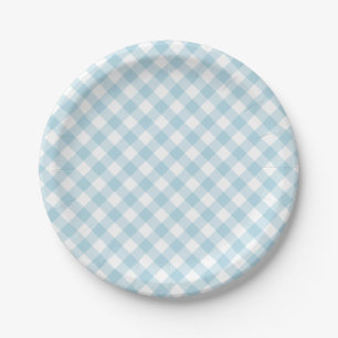 Light Blue Gingham Plaid Pattern Paper Plate