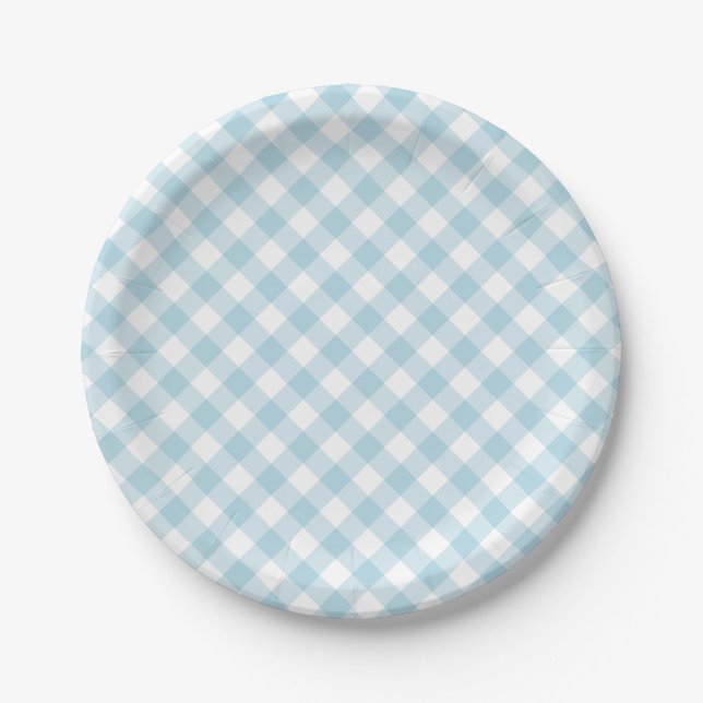 Light Blue Gingham Plaid Pattern Paper Plate (Front)