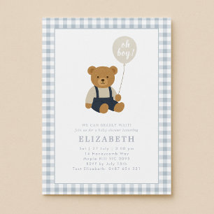 Light Blue Gingham Teddy Bear Baby Shower  Invitation