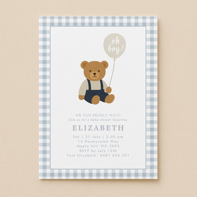 Light Blue Gingham Teddy Bear Baby Shower  Invitation (Creator Uploaded)