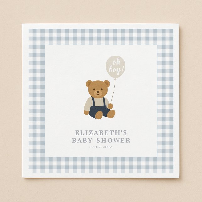 Light Blue Gingham Teddy Bear Baby shower Napkin (Creator Uploaded)