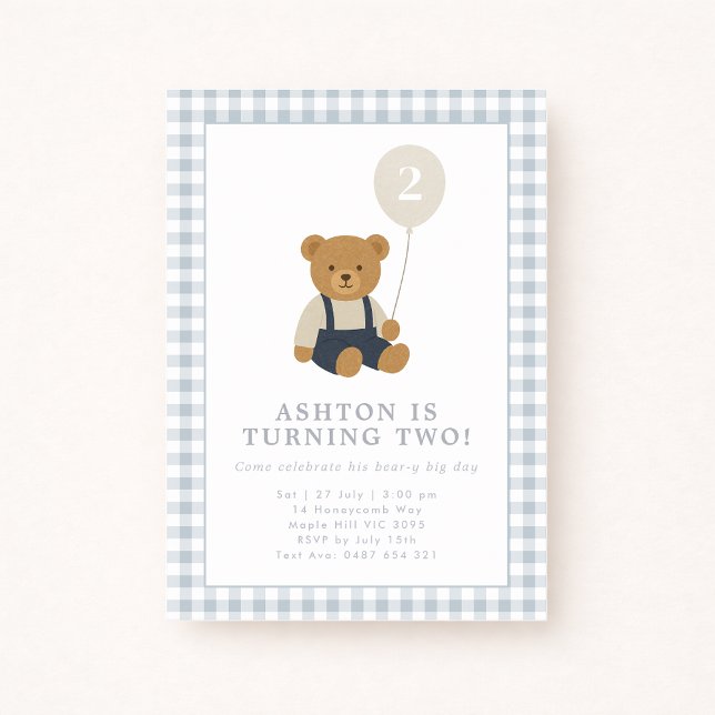 Light Blue Gingham Teddy Bear Birthday Invitation (Creator Uploaded)