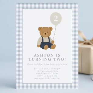 Light Blue Gingham Teddy Bear Birthday Invitation