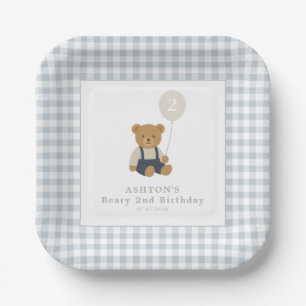 Light Blue Gingham Teddy Bear Birthday Party Paper Plate