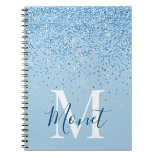 Light Blue Girly Glitter Glam Monogram Name Notebook