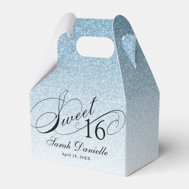 Light Blue Glam Glitter Sweet 16 Custom Party Favour Box (Front Side)