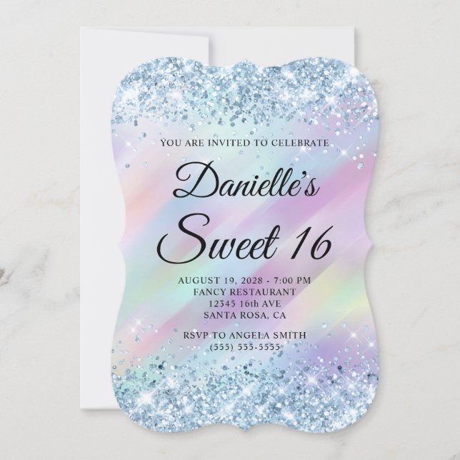 Light Blue Glitter Aqua Purple Holograph Sweet 16 Invitation (Front)