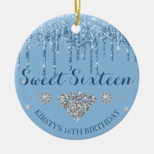 Light Blue Glitter Drip Diamond Sweet Sixteen Ceramic Ornament