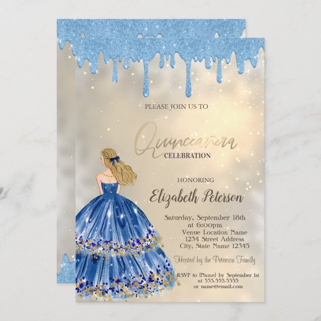 Light Blue Glitter Drips,Dress Girl Gold  Invitation (Front/Back)