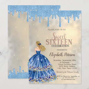 Light Blue Glitter Drips,Dress Girl Gold Sweet 16  Invitation